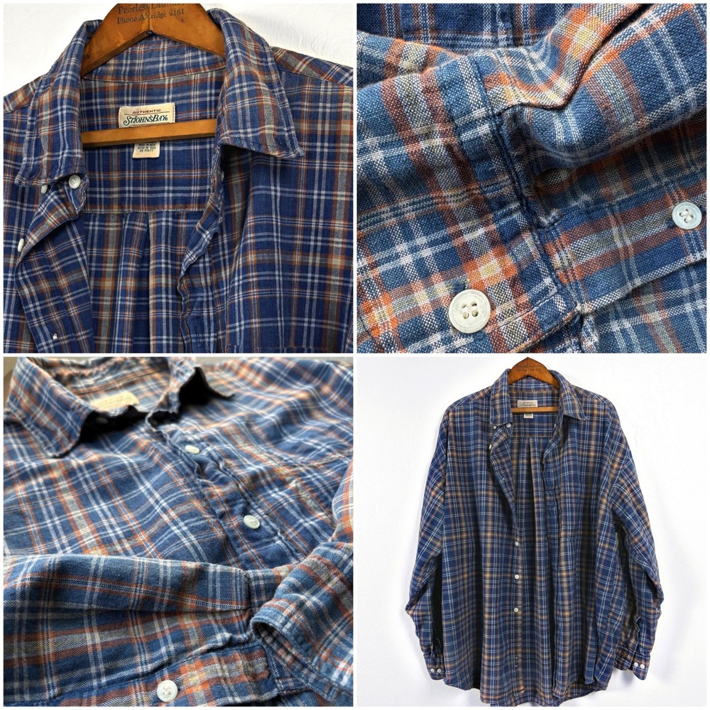 Vtg St Johns Bay Plaid Shirt Mens XL Blue Orange Cotton 90s Grunge Button Up